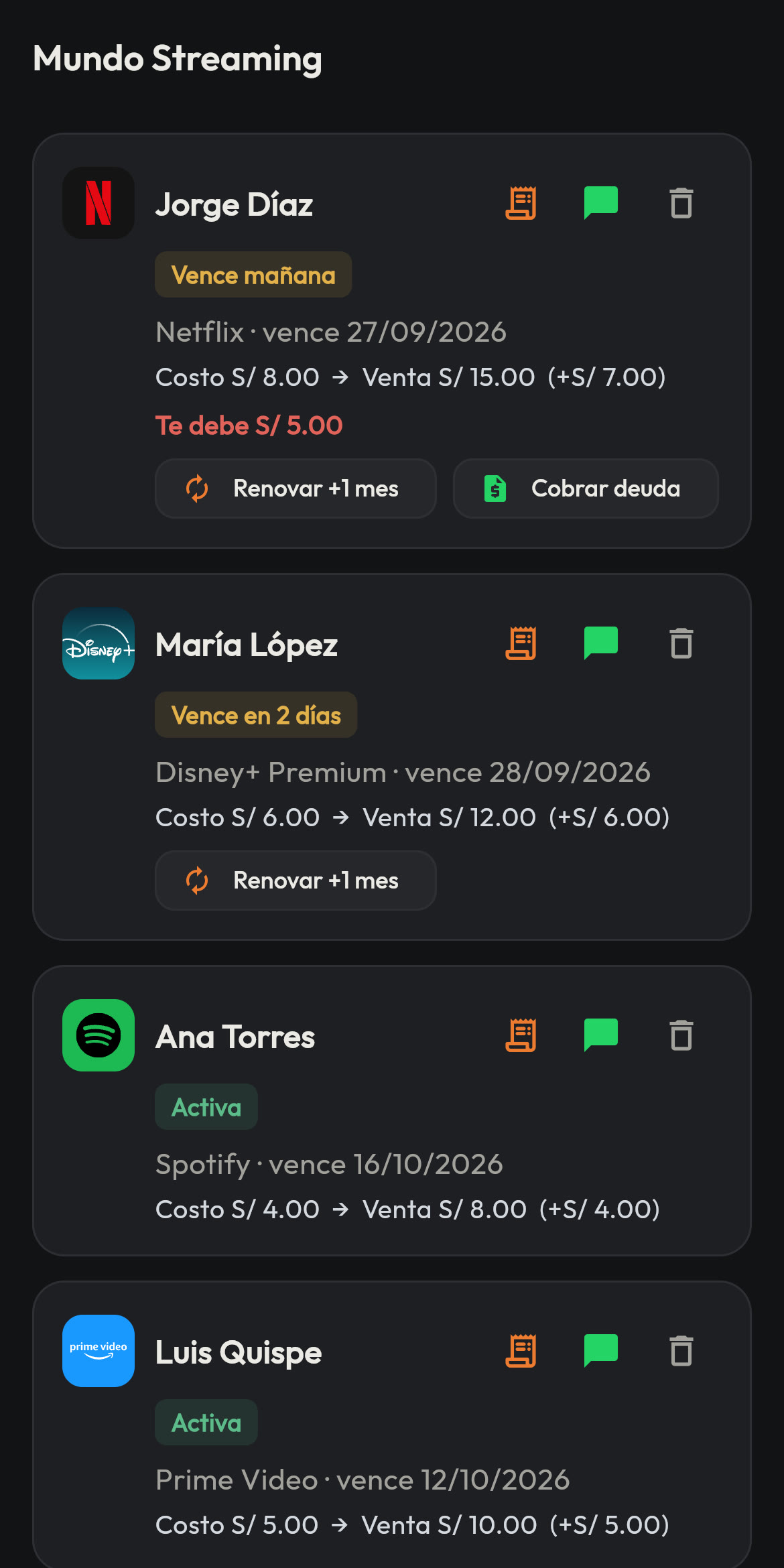 Pantalla de ventas de StreamControl con clientes de Netflix, Disney+, Spotify y Prime Video, sus fechas de vencimiento y ganancias